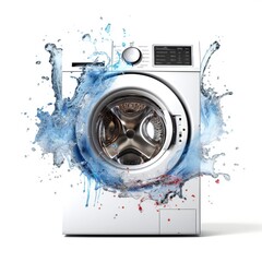 Washing machine with water splashing out on white background 
