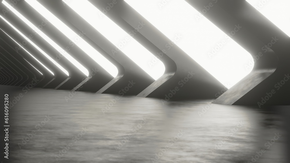 Fototapete 3d rendering of dark abstract sci-fi tunnel with empty concrete floor, Futuristic spaceship corridor.