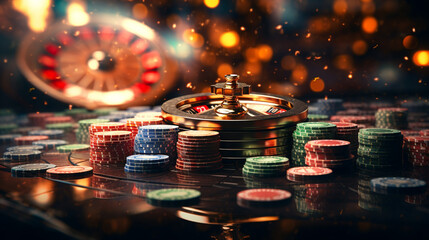 Fototapeta na wymiar Casino, gambling and entertainment concept - roulette table and stack of poker chips Generative AI