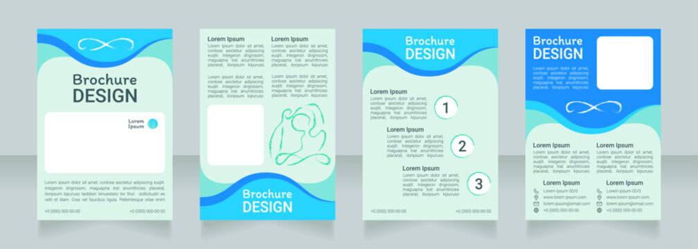 Meditation for wellness blue blank brochure design. Template set with copy space for text. Premade corporate reports collection. Editable 4 paper pages. Roboto Light, Medium, Itim Regular fonts used