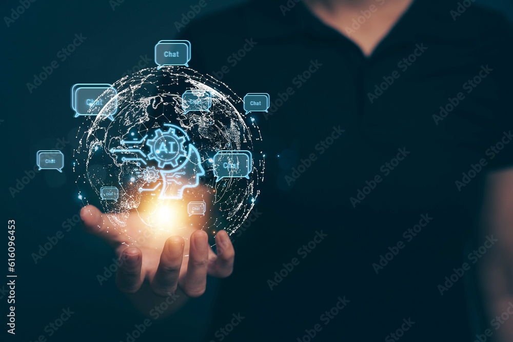 Poster chatbot chat with ai artificial intelligence. concept of using ai technology to help work in order t