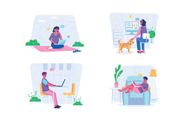 Freelance set concept with people scene in the flat cartoon design. Young people chose freelancing as a way to earn money. Vector illustration.