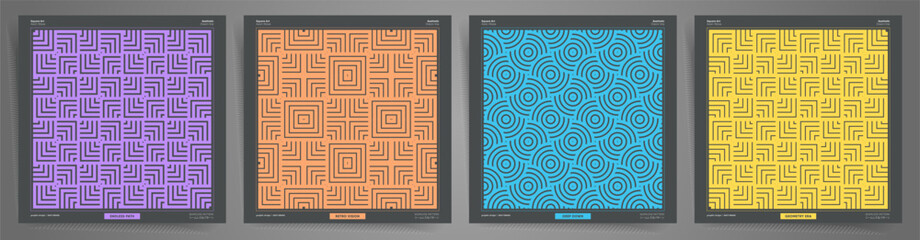 Brutal Background Set with Geometric Seamless Pattern. Future Techno Asian Style Designs for books, covers, notebooks, posters and more. Symmetry Aesthetic Collection.