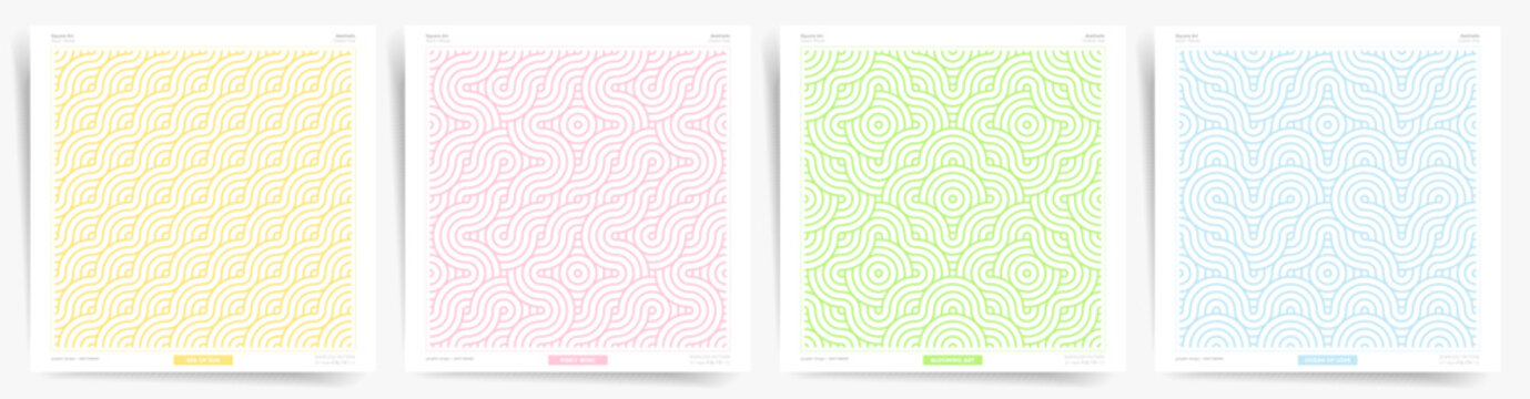 Naklejki Minimal cover design. Summer wave seamless pattern set. Abstract line pattern design background.