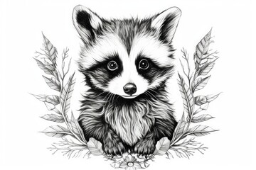 Cute Raccoon drawing on white background - generative AI
