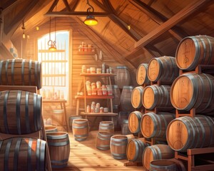 Obraz na płótnie Canvas Generation AI creates a wine and whisky storage cellar. (Illustration, Generative AI)