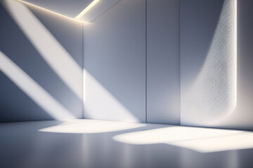 Light gray wall and smooth floor with interesting light reflections. Background for the presentation. AI generated.