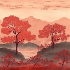 Naklejka na ściany i meble Ai painted a red landscape with hills and trees on textured paper. (Illustration, Generative AI)