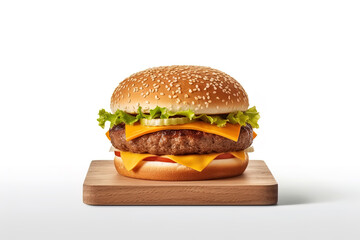 Fresh tasty cheeseburger on wooden board