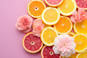 citrus fruit slices and flowers - obrazy, fototapety, plakaty