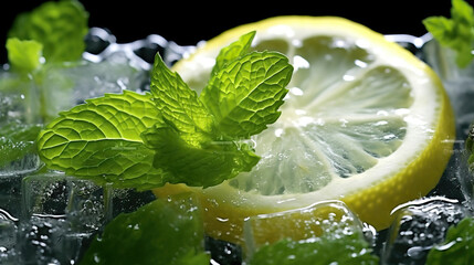 ice, lemon, relaxing, lemon leaf, background black, fresh, ultra realistic, close-up lemon slice
Generative AI