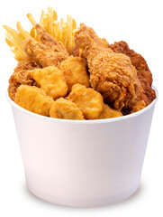 Fried chicken in paper bucket isolated on white With clipping path.