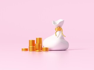 
3d money concept. Money bag. Stack of coins on pink background, 3d illustration.