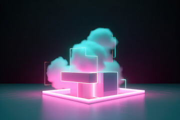 Creative geometric abstraction with fluffy cloud and a pink neon glowing cube of lines. Digital wallpaper, cloud services. Generative AI 3d render illustration.