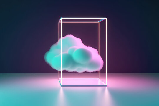 Creative geometric abstraction with a fluffy cloud and a neon glowing flashing cube of lines. Digital wallpaper, cloud services. Generative AI 3d render illustration.