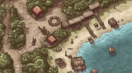 fantasy fishing village rpg top down view map asset - by generative ai