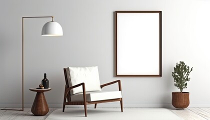 Naklejka na ściany i meble mockup of a white living room minimalistic interior blank frame canvas on wall, Generative AI