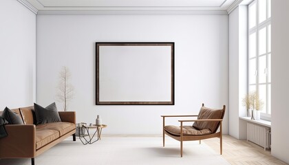 Obraz na płótnie Canvas mockup of a white living room minimalistic interior blank frame canvas on wall, Generative AI