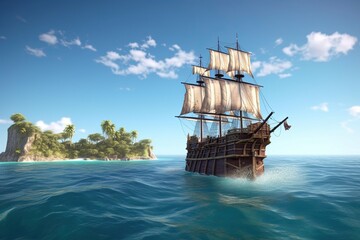 Fototapeta na wymiar pirate galleon sailing towards a tropical island digital illustration, Generative AI