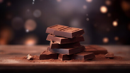 ai generative pieces of delicious dark chocolate against a bokeh background 