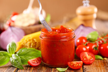 Homemade tomato sauce and ingredients