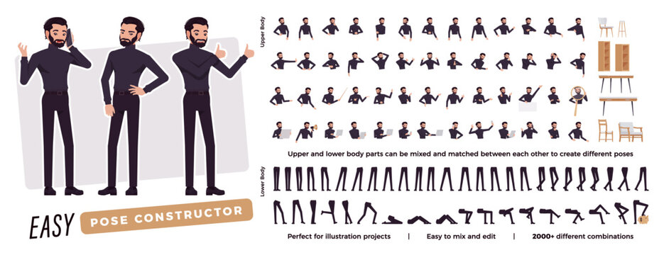 Business latino man character easy pose constructor. Office boy drag drop set, male black turtleneck body match, figure building. Vector flat style cartoon construction kit isolated, white background