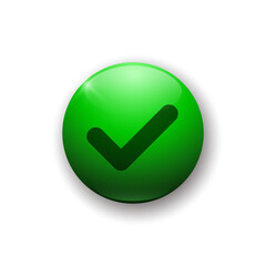 Realistic glossy button with accept icon. 3d green vector element on white background with shadow underneath. Best for mobile apps, UI and web design.