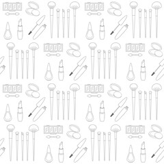 Make up line icons of different cosmetic products. Vector seamless pattern. Black line elements on white background. Best for textile, wrapping paper, package and home decoration.