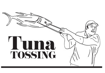 Dynamic Tuna Tossing: Outline Sketch of a Man Throwing Tuna, "Active Tuna Tossing: Outline Illustration of a Man Competing in the Sport"