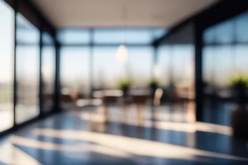 Foto op Plexiglas Beautiful blurred background of a light modern office interior with panoramic windows and beautiful lighting. © Laura Pashkevich
