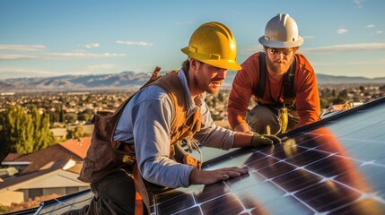 workers installing photovoltaic solar panels