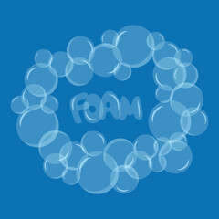 Set of transparent soap bubbles. Spherical ball, blue water and foam, water wash.