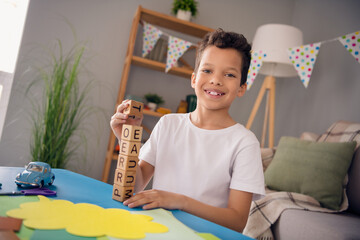 Photo of cheerful funny little boy dressed white t-shirt making letters tower sitting table indoors...