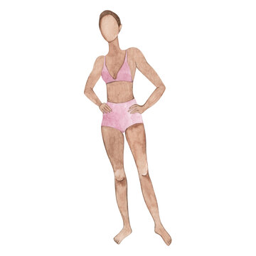 Watercolor illustration of a girl in a pink bathing suit. Template dark-skinned thin woman with short brown hair. Hand drawn.