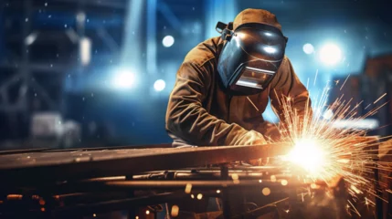 Rolgordijnen welder is welding metal , industry them bokeh and sparkle background © Tony A