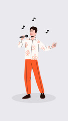 Vector illustration of a smiling boy who sings. A man in stylish clothes speaks to the public. A character with a microphone in his hand performs a song. Eurovision concept, music competitions.