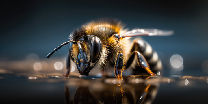 Closeup of a honeybee. Bee with hairy legs and transparent wings on dark background. Generative AI macro photo imitation.