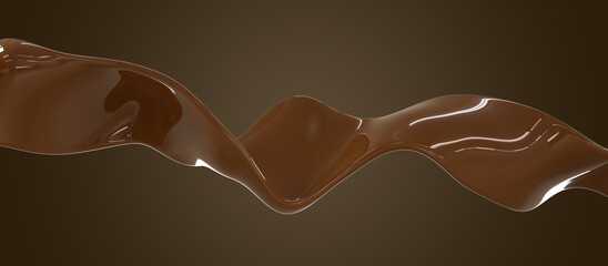Chocolate wave, flying curved ribbon, flow of brown swirl cocoa, coffee or syrup with glossy liquid texture 3d render. Dynamic element for package promo ad design on dark background. 3D illustration