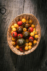 Various selection of tomatoes, brown, yellow, red and green. Sorted and arranged for baking.