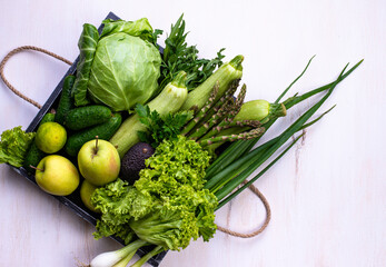 Various green vegetables and fruits