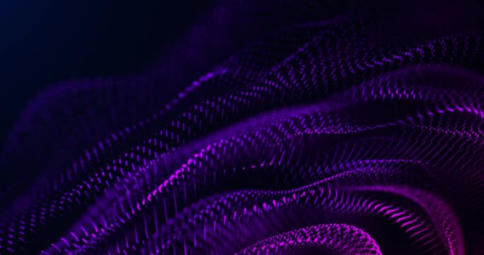 Abstract background with wavy shape particles, digital purple waves. Seamless loop 4k video