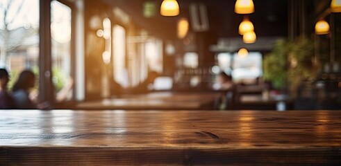 Coffee Delight. Product Showcase. Empty Wooden Table with Blurred Coffeeshop Background