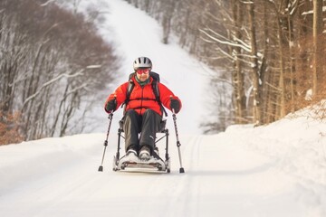 Adaptive Skiing on Snow with Wheelchair. Generative AI - obrazy, fototapety, plakaty