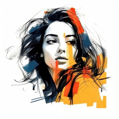 Illustration: expressive portrait of a young beautiful woman. Fashion portrait of girl drawn with watercolors and markers. Generative AI