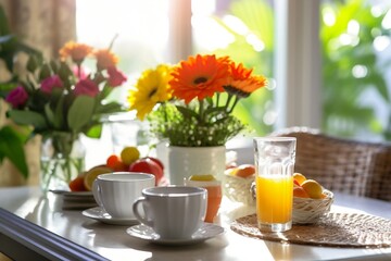 Obraz na płótnie Canvas Breakfast Table adorned with Flowers. Generative AI