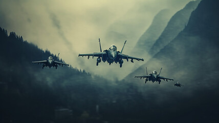 Fototapeta na wymiar Generative AI four fighter planes in flight over some mountains