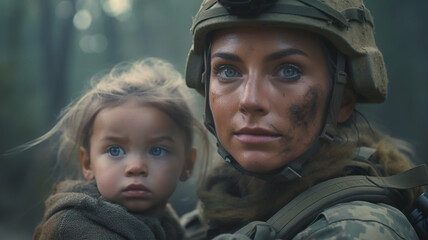 Fototapeta premium Woman soldier and a child during the war