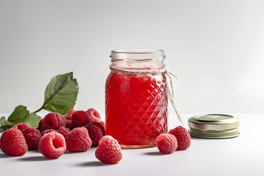 Homemade raspberry preserves or jam in a glass jar surrounded by fresh organic raspberries. AI generated