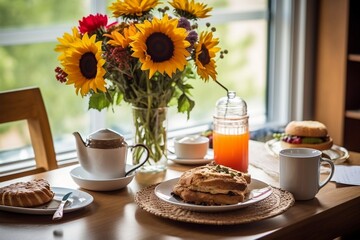 Obraz na płótnie Canvas Breakfast Table adorned with Flowers. Generative AI