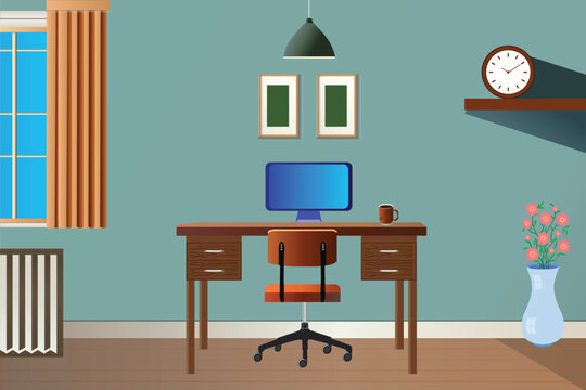 Computer desk and workplace isolated vector. Personal computer desk monitor and table in room vector. Work from home setup.